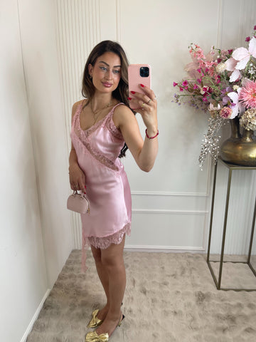 Nena satin lace dress baby pink