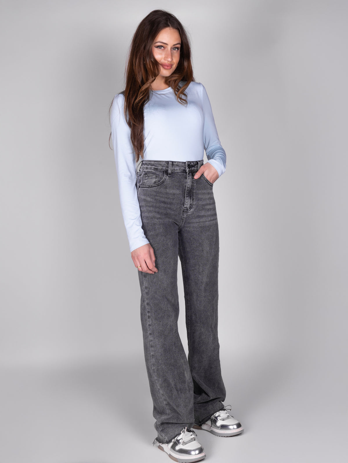 extra long wide leg jeans washed grey devon the label