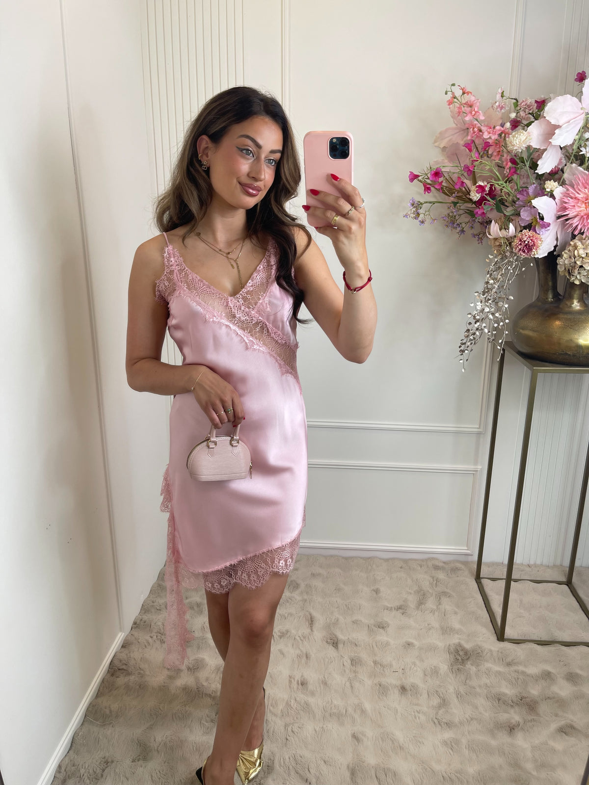 Nena satin lace dress baby pink